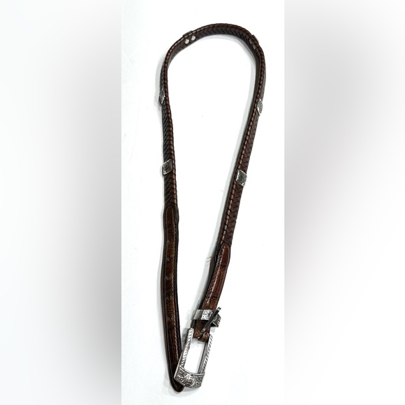 Brighton Womens Brown Braided Leather Skinny Silver Belt Size Medium M 30 - Picture 2 of 12